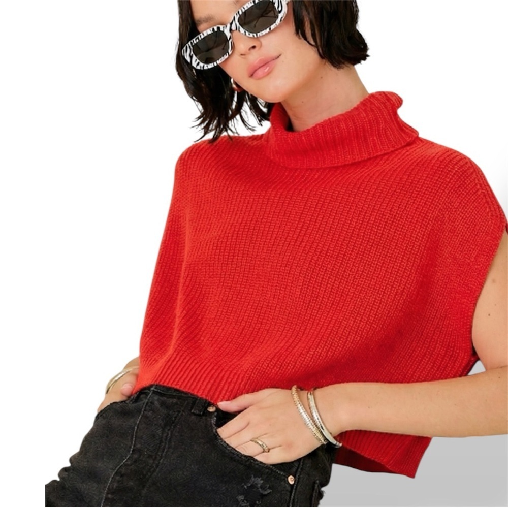 Turtleneck Cap Sleeve Oversized Knit Sweater Red